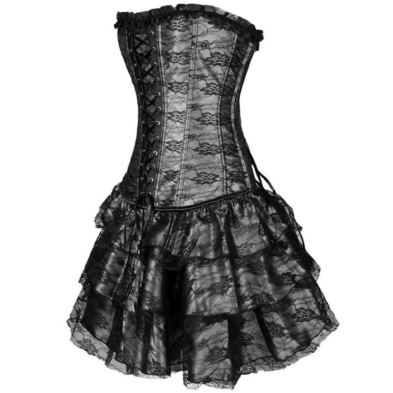 F3243-2 Black Women Layered Lace Up Bone Corsets Floral Corset Dress Women